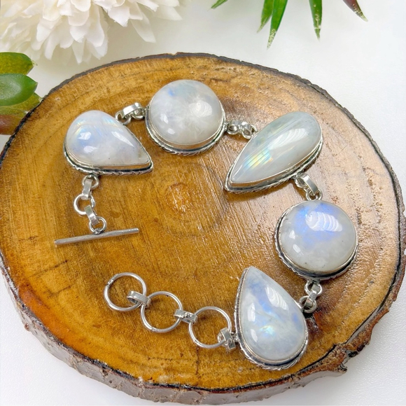 Rainbow Moonstone Extra Chunky Bracelet Pear Round Sterling Silver 925 Overlay - Picture 4 of 11